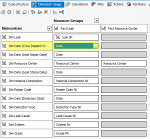 Dimension Usage Tab with Date dimension Usage highlighted.
